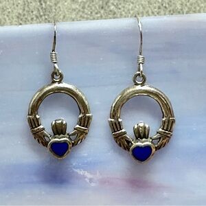 Irish Claddagh Earrings 925 Silver with Blue Lapis Heart symbol of Love Vintage